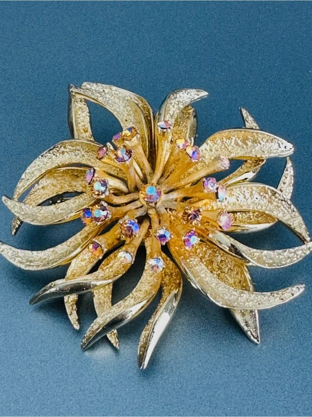 Vintage Signed François for Coro 3D Gold Flower Brooch AB Rhinestones Pristine